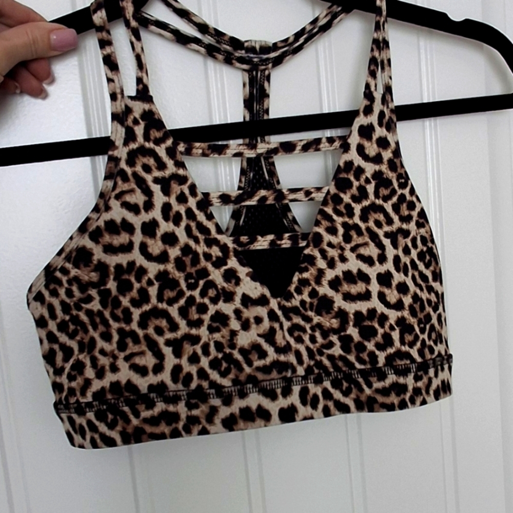 ZYIA Leopard Print Strappy Sports Bra in Tan and Black